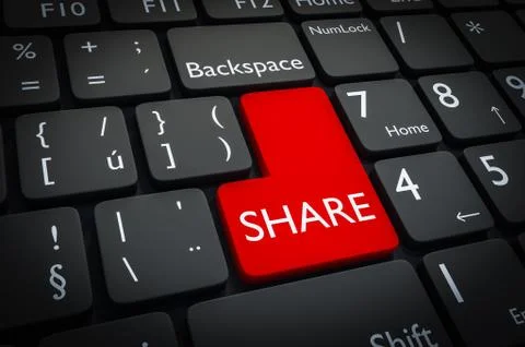 Red share button on black keyboard. 3D rendered illustration. Stock Illustration