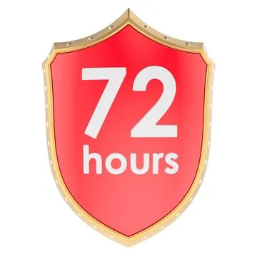 Red shield with 72 hours text. 3D rendering Stock Illustration