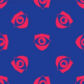 Red Shield and eye icon isolated seamless pattern on blue background. Securit Stock Illustration