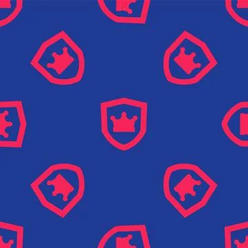 Red Shield with crown icon isolated seamless pattern on blue background. Vector Illustrazione stock