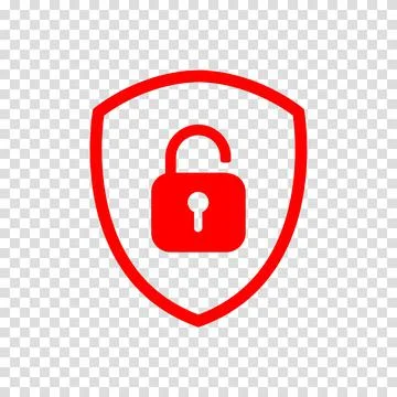 Red shield icon unlock padlock. Vector illustration with symbol on a transpar Stockillustratie