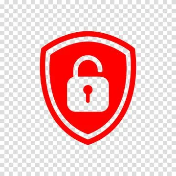 Red shield icon unlock padlock. Vector illustration with symbol on a transpar Illustrazione stock