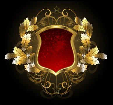 Red shield with an oak branch Stock Illustration