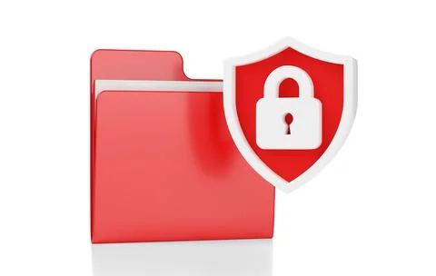Red shield with padlock in front of red folder over white background, docum.. Stockillustratie