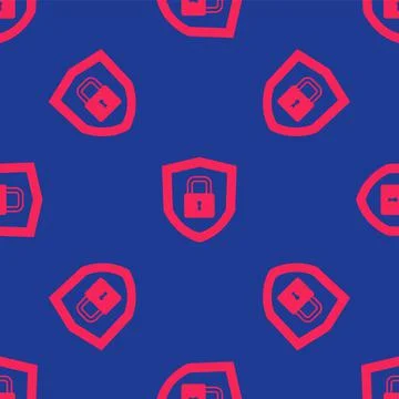 Red Shield security with lock icon isolated seamless pattern on blue background Illustrazione stock
