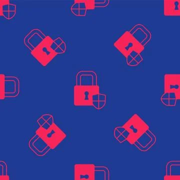 Red Shield security with lock icon isolated seamless pattern on blue background イラスト素材