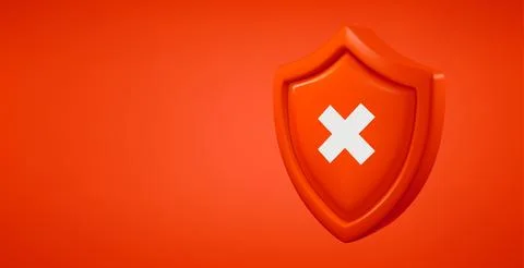 Red shield with white cross isolated on red background. 3d vector banner wi.. Иллюстрация