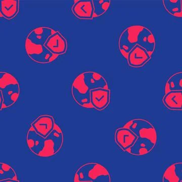 Red Shield with world globe icon isolated seamless pattern on blue background Illustrazione stock