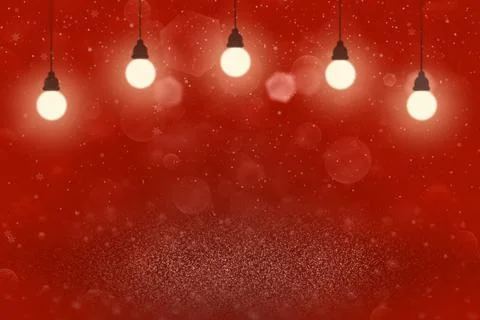Red shiny background lights with light bulbs, snow flakes bokeh Stock-Illustration