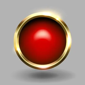 Red shiny circle blank button with gold metallic frame, vector element for web Illustrazione stock