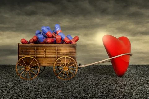 A red shiny heart pulling a farm cart of capsule pills on asphalt Stock Illustration