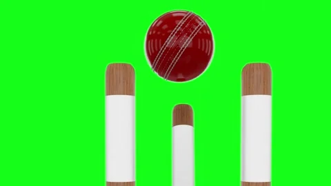 Red Shiny Leather Cricket Ball Animation Hitting Stumps 4K Green Screen Видео 340869341