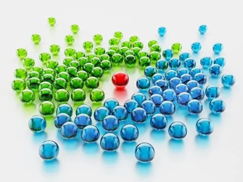 Red shiny sphere standing out among green and blue spheres. 3D illustration Stock Illustration