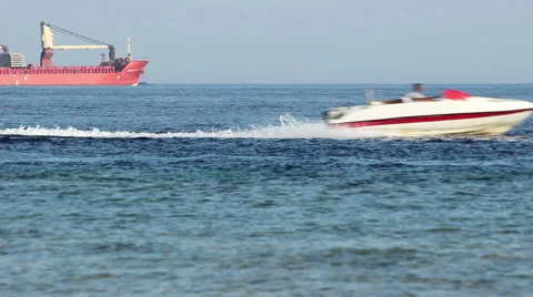 Red ship sails on the sea. 60 seconds 스톡 동영상 46841327