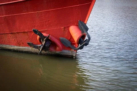 On a red ship there are two anchors Stock Photos
