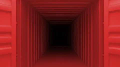 Red shipping container creating a long narrow tunnel with open doors Stock Illustration