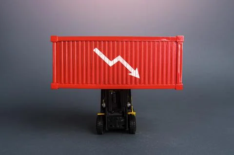 Red shipping container with down arrow. Decrease in imports and exports of go Stock Photos