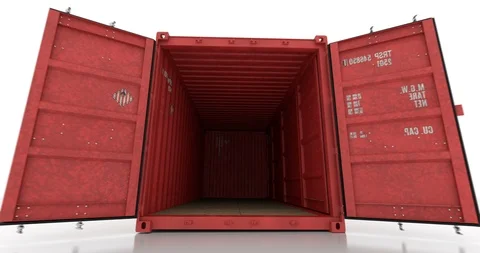 Red shipping container falling on white floor and doors opening Stock Footage 114239422