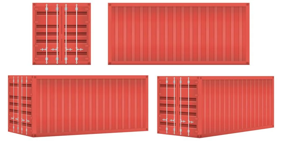 Red shipping container vector illustration set displayed from multiple angles Stock Illustration