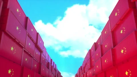 Red Shipping Containers with Flag Design Under Bright Blue Sky and Clouds S.. Stock Footage 314069638