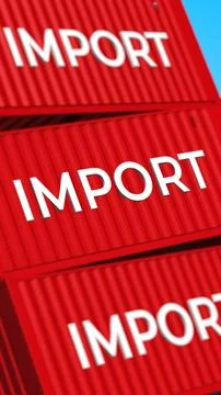 Red shipping containers IMPORT Text symbolizing global trade and logistics Illustrazione stock