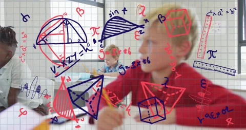 Red-shirt boy touching pencil to paper, writing math in class while transparent Stock Footage 334036189