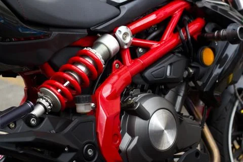 Red Shock Absorber's and frame motorcycle, soft focus Stock-Fotos