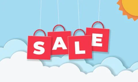 Red shopping bag flying on thread at blue sky with cloud border Stock Illustration