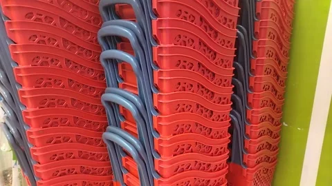 Red shopping baskets on wheels from bottom to top Stock Footage 315024907