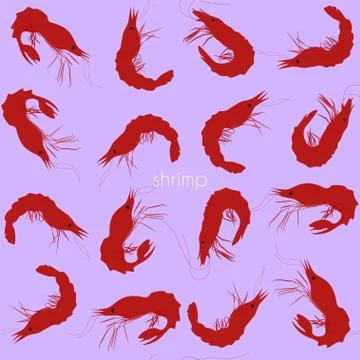 Red shrimp on a light violet background seamless pattern. Seafood vector imag Stock Illustration