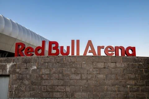 Red Sign on Brick Wall at Exterior of Red Bull Arena in Harrison, New Jersey Stock Photos