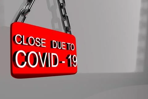Red sign information document message door window close due to covid-19 del.. Illustration