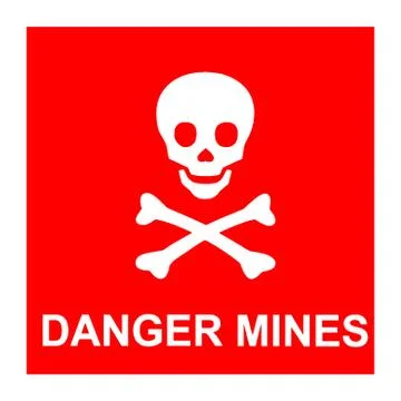 Red sign with skull and text "Danger mines" Stock Illustration
