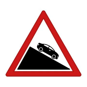 Red Sign Steep Descent. Warning Road Sign. Car Driving Down. Vector Icon 스톡 일러스트