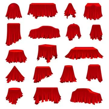 Red silk cloth covered different objects set. Drapery fabric covering table, car Stock Illustration