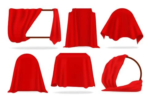 Red silk cover. 3D opened curtains, realistic covered with red cloth objects 스톡 일러스트