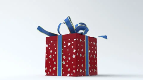 Red - silver star gift box with blue ribbon opening Video stock 25067794