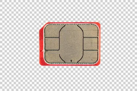 Red SIM card with gold chip close up isolated on transparent PNG Stock Photos