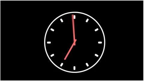 Red simple clock on black background. Hands move quickly on dial. Stock Illustration