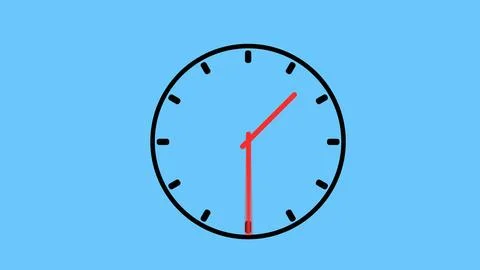 Red simple clock on black background. Hands move quickly on dial. Stock Illustration