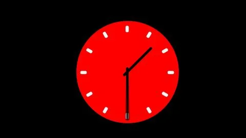 Red simple clock on black background. Hands move quickly on dial. Stock Illustration