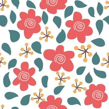 Red simple flowers pattern with green leaves and yellow berries Stock Illustration