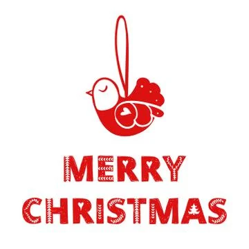 Red simple stylized cute bird with Merry Christmas inscription for holiday Stock Illustration
