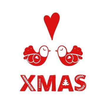 Red simple stylized cute bird with Merry Christmas inscription for holiday Stock Illustration