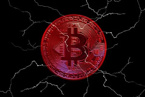 Red single bitcoin from crypto currency during falling market with many light Stock Illustration