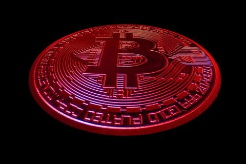 Red single bitcoin distored view from crypto currency during falling market o Stock Illustration