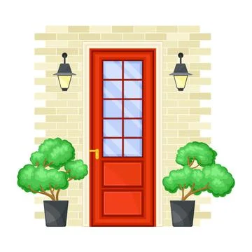 Red Single Door Facade on Brick Wall Decorated with Green Bushes in Cachepot and Stock Illustration