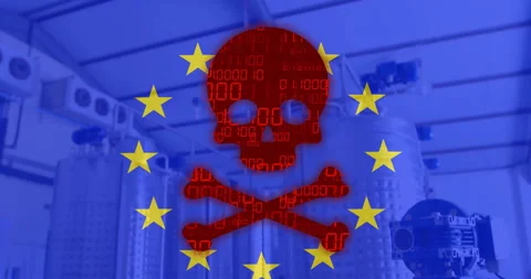 Red skull and crossbones with binary code over EU stars and industrial Stock Footage 304767497