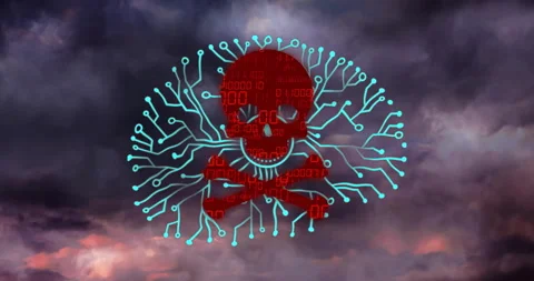Red skull with binary code and circuit lines over stormy sky Stock Footage 307661977