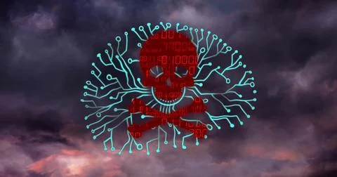 Red skull with binary code and circuit lines over stormy sky Stock Photos